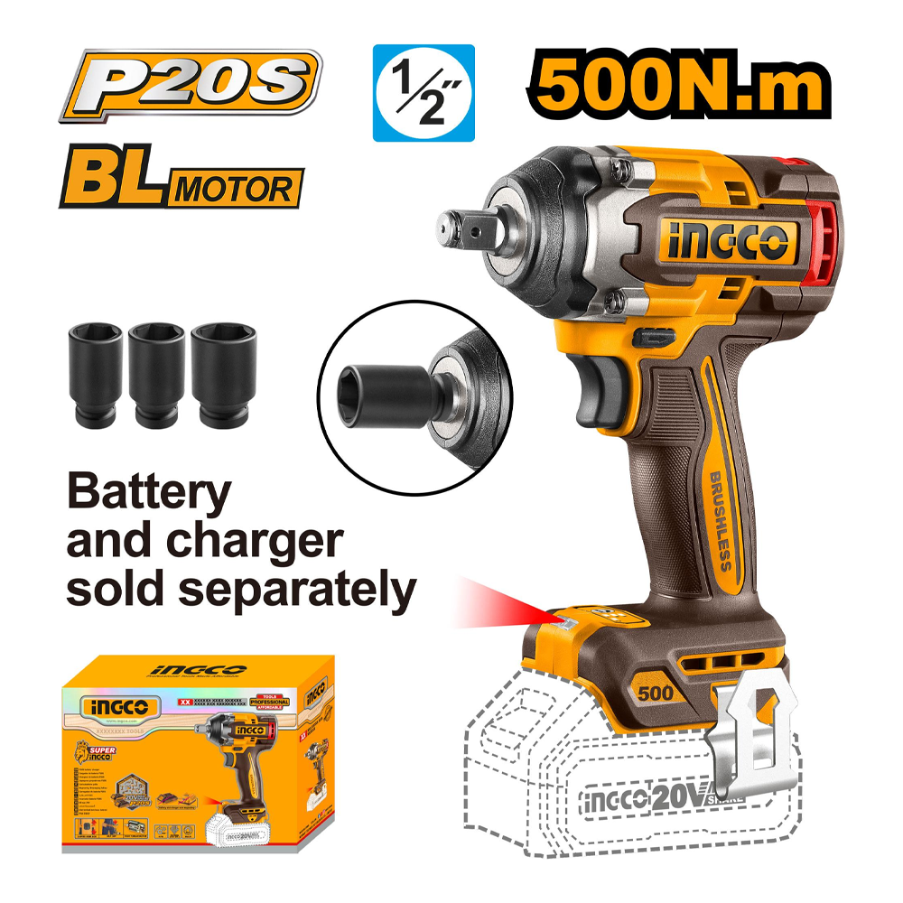 Ingco CIWLI20501  Cordless Li-Ion BL Impact Wrench 1/2 Ingco CIWLI20501  Cordless Li-Ion BL Impact Wrench 1/2